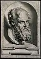 Portrait gravé en buste de Socrate, tourné vers la droite du spectateur.