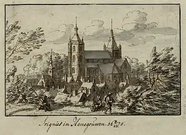 Soignies au XVIIe&nbsp;siècle - dessin de J. de Gavre, 1675Bibliothèque royale Albert Ier, Cabinet des Estampes.