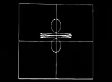 Plusieurs lignes blanches sur fond noir, forment un carré et ses médianes, avec des formes arrondies à l’intérieur.