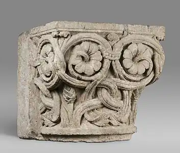 Chapiteau de l'abbaye Saint-Laurent-lès-Cosne (XIe&nbsp;siècle, Musée des beaux-arts de Philadelphie.