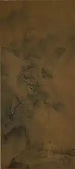 Montagne en été (絹本著色夏景山水図, kenpon choshoku kakei sansui-zu). Rouleau suspendu, 126.9 cm x 54.5 cm. Couleur sur soie. Le rouleau, attribué à Hu Zhifu, est désigné Trésor national du Japon dans la catégorie peinture.