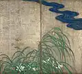Hōitsu, Fleurs d'automne, paire de droite d'un paravent à deux paires / (fleurs d'été), début XIXe&nbsp;siècle, couleurs sur argent, hauteur : 164,5 cm (musée national de Tokyo).