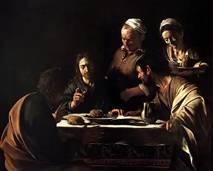 Peinture. Trois hommes sont assis à table, un homme et une femme sont debout et les servent.