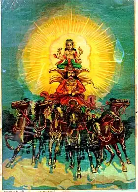 Aruna conduisant Sūrya, par le peintre indien Ravi Varmâ, XIXe siècle.