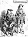 Jerry Cruncher et son fils, adossés au mur de la banque Tellson, par Fred Barnard.