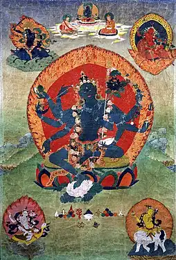 Thangka avec Tara verte (Samaya Tara Yogini) au centre et les Taras bleue, rouge, blanche et jaune dans les angles, XVIIIe&nbsp;siècle, Tibet oriental, Rubin Museum of Art.