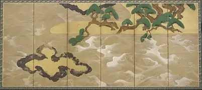 Tawaraya Sotatsu, Les Vagues à Matsushima, paravents à 6 feuilles, paire, 1628, encre, couleurs, argent et or / papier, ch. 166&nbsp;×&nbsp;370&nbsp;cm.