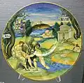 Tibérinus et Manto (ici une nymphe) sur une assiette par Nicolò da Urbino, 1520