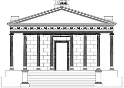 Proposition de restitution du temple de Tyr-Apollon, situé au sud des bains, près de l'Araxe et de l'ancien pont.