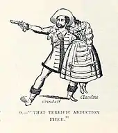 Gravure. Un homme en costume du XVIIIe siècle, un pistolet à la main, enlevant une femme