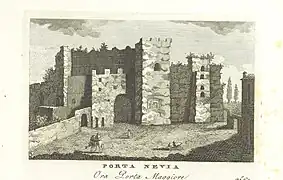 Dessin en noir et blanc d'un ensemble de fortifications percé d'une porte.