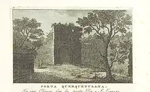 Dessin en noir et blanc d'un édifice s'ouvrant sur une arche.