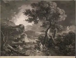 Niobé est au centre, serrant un petit enfant vers elle et lève les yeux vers le ciel. À droite, Apollon et Artémis tirent des flèches sur ses enfants. Plusieurs sont déjà morts ou blessés ; les autres, à gauche, tentent de s'échapper. Il y a une masse d'arbres cassés à l'extrême droite, une forteresse et une mer orageuse avec un éclair à gauche. L'image est dans le sens inverse de celui du tableau, à savoir que l'arbre du premier plan est à droite et la forteresse à gauche.
