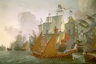 Un chébec barbaresque face à des vaisseaux néerlandais lors d’une des nombreuses expéditions contre Tripoli et les villes d'Afrique du nord aux XVIIe et XVIIIe siècles.
