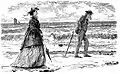 Plage, homme marchant l'ai renfrogné, derrière, femme traînant les pas. Les traces révèlent que leur chemin a divergé et on distingue les coups rageurs donnés au sable soit par une canne ou un parapluie