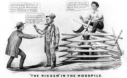 Caricature illustrant l'expression « nigger in the woodpile&nbsp;(en) », 1860.