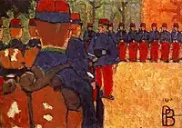 Peinture avec personnages en uniformes colorés, les uns alignés au fond, les autres de dos au premier plan.