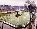 Peinture montrant en surplomb un angle de quai et de pont, avec quelques passants, un remorqueur sur l'eau et des immeubles sur tout l'arrière-plan