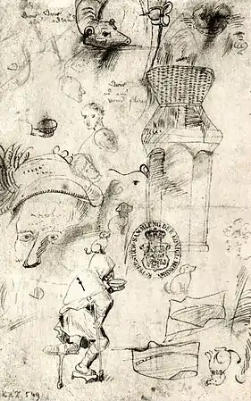 Divers croquis et un mendiant, dessin à la plume et encre marron sur papier (20,2&nbsp;×&nbsp;12,7&nbsp;cm), Kupferstichkabinett Berlin.