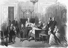 Le prince héritier Léopold, neuf ans, gît sur son lit mortuaire entouré par le roi Léopold à gauche, revêtu d'une redingote, il est agenouillé sur un coussin et tient ses mains sur son visage et par Marie-Henriette à droite, les cheveux noués, se tenant accoudée au lit. À gauche dans la chambre, cinq hommes en habit, dont trois sont agenouillés, tandis qu'à droite se tiennent deux religieuses, deux hommes debout et deux jeunes filles agenouillées. Derrière le dossier du lit se tient un prêtre debout devant un crucifix.