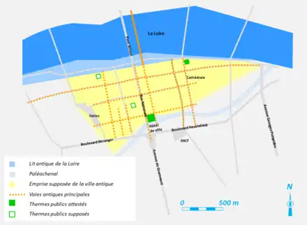 Vue d'une carte replaçant des vestiges antiques dans le plan moderne d'une ville.