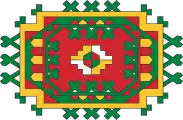 Dessin géométrique à symétries horizontale et verticale aux couleurs rouge, verte et jaune.