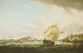 Un navire marchand britannique au large de Château Cornet, Saint-Pierre-Port, Guernesey (Thomas Whitcombe, c. 1796, National Maritime Museum).