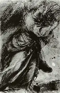 Étude pour l'ange de l'Annonciation. Vers 1560. Crayon noir et fusain, rehauts de crayon blanc. 42&nbsp;×&nbsp;27&nbsp;cm. Galerie des Offices.