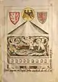 Tombe d'Henri VII (vers 1313), avec les armoiries de l'empereur et l'aigle impérial (Codex Balduini Trevirensis, vers 1340).