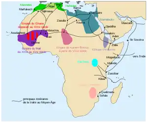 carte de l'Afrique avec des zones colorées. L'une couvre la côte nord du continent ; une autre couvre le nord-est du continent, à cheval sur le nord de la péninsule arabique ; une troisième partant de la côte ouest au nord du golfe de Guinée, s’étend vers l'intérieur ; une quatrième est centrée au milieu du continent, un peu au nord de l'équateur ; une cinquième est centrée à l'est du continent, légèrement au sud de l'équateur ; la dernière se situe à l'ouest de la carte, à la hauteur de l'île de Madagascar