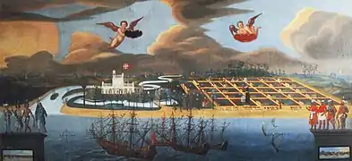 Peinture du XVIIe&nbsp;siècle, représentant Tranquebar. Original à Skokloster, en Suède.