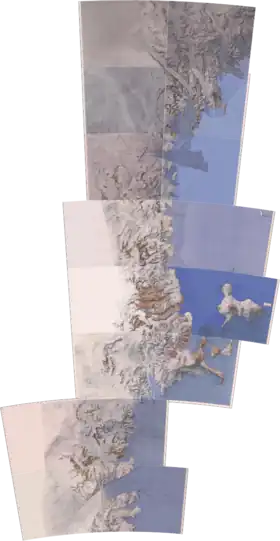 Vue d'une partie de la Terre Victoria et de la chaîne Transantarctique avec la côte de Scott (centre de la carte).