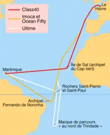 Carte de l'Atlantique sur laquelle figure les trois parcours (les Ocean Fifty et les Imoca ont le même parcours).