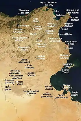 Carte de la Tunisie avec l'identification de sites archéologiques.