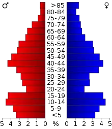 Schéma représentant la population du comté, par tranche d'âge. En rouge, à gauche, les femmes, en bleu à droite, les hommes.