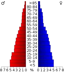Schéma représentant la population du comté, par tranche d'âge. En rouge, à gauche, les femmes, en bleu à droite, les hommes.