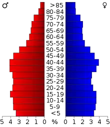 Schéma représentant la population du comté, par tranche d'âge. En rouge, à gauche, les femmes, en bleu à droite, les hommes.