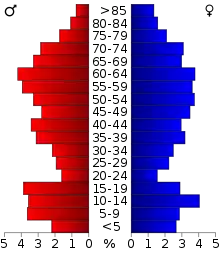 Schéma représentant la population du comté, par tranche d'âge. En rouge, à gauche, les femmes, en bleu à droite, les hommes.