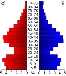 Schéma représentant la population du comté, par tranche d'âge. En rouge, à gauche, les femmes, en bleu à droite, les hommes.