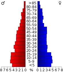 Schéma représentant la population du comté, par tranche d'âge. En rouge, à gauche, les femmes, en bleu à droite, les hommes.