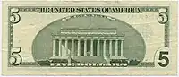 Revers d'un billet de 5 dollars américain imprimé en 2003