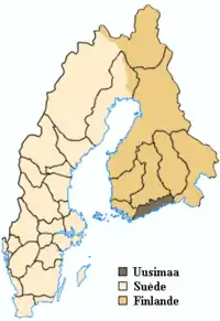 Localisation de l'Uusimaa dans le Royaume de Suède dans la première moitié du XVIIe&nbsp;siècle