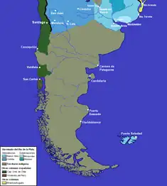 Frontière sud de la Vice-royauté du Pérou en 1684 avec l'Araucanie mapuche et la Capitainerie du Chili, sur le versant occidental des Andes, et les territoires patagónico-pampéens tehuelches, du côté oriental, y compris les Établissements coloniaux de la Patagonie atlantiques fondés ultérieurement au XVIIIe&nbsp;siècle.