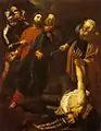 Dirck Van Baburen, L'Arrestation du Christ avec l'épisode de Malchus, v. 1616-1617.&nbsp;– Une influence très nette du Caravage, dans le traitement de la lumière comme dans la composition.