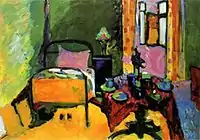 Tableau d'un intérieur avec lit, guéridon, fenêtre et rideaux peints de couleurs très vives.