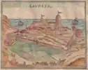 Vue générale de Lorette, xylogravure de la Cosmographia Universalis de Sebastian Münster, 1614.