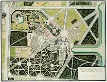 Plan général du Trianon et du Jardin de la Reine à Versailles au XIXe&nbsp;siècle, suivant une orientation sud-nord.