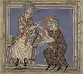 Réception de saint Omer et de son père Friulf à Luxeuil ; Vie de saint Omer ; XIe&nbsp;siècle, chapitre de la cathédrale ; Ms 698. Bibliothèque municipale de Saint-Omer.
