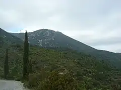 Vue sur les éoliennes du mont Tauch depuis le croisement entre la route montant à la tour des Géographes et le chemin allant à la chapelle de Notre-Dame du Faste.