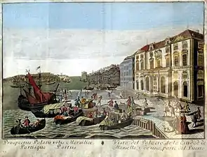 Vue du palais de la ville de Marseille et d'une partie du port (XVIIIe&nbsp;siècle), gravure anonyme.